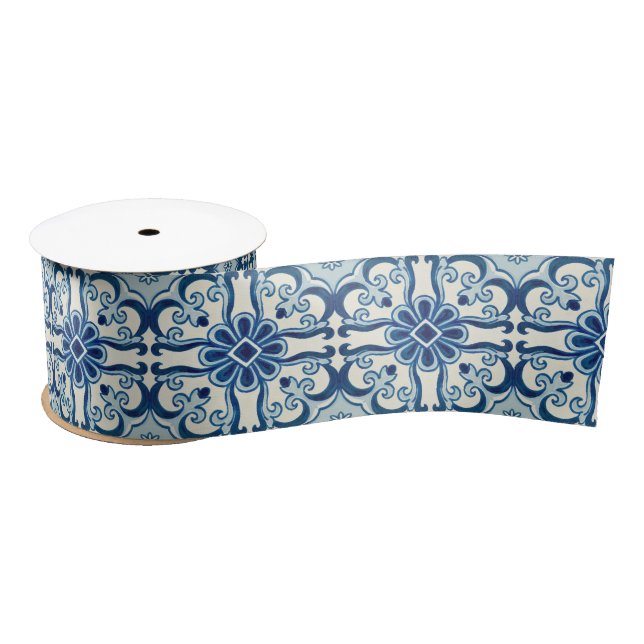 Ruban En Satin Portugais Azulejos Blue Floral Motif (Bobine)