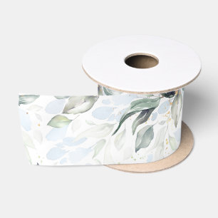 Ruban En Satin Printemps Dusty Bleu Vert Feuillage Elégant Blanc