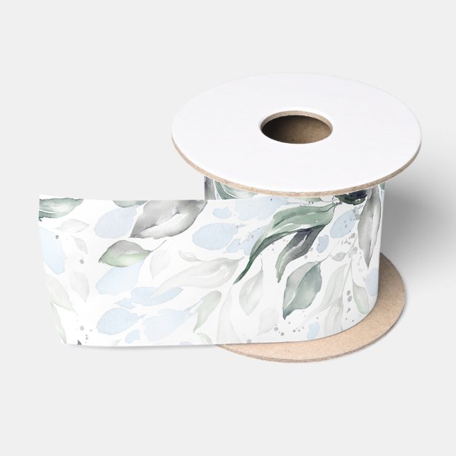 Ruban En Satin Printemps Dusty Bleu Vert Feuillage Elégant Blanc (Bobine)