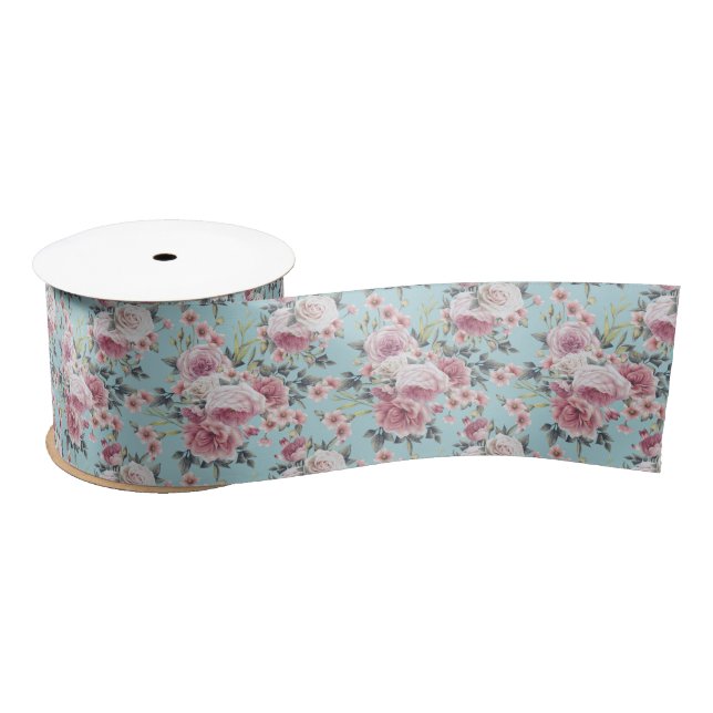 Ruban En Satin Profusion rose - Arrière - plan Turquoise (Bobine)