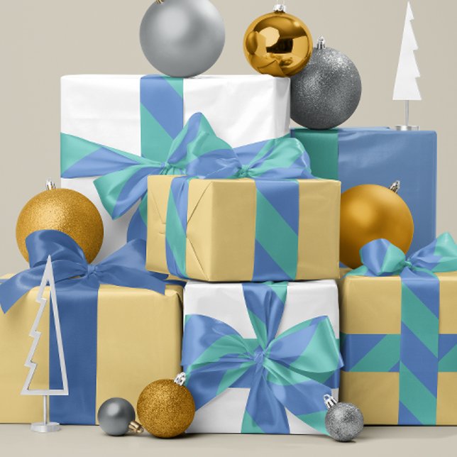 Ruban En Satin Rayure large bleu français et turquoise (wide angle stripes in periwinkle blue and aqua for birthday and holiday gifting)