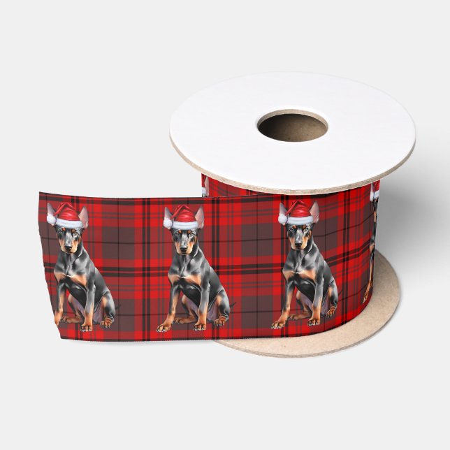 Ruban En Satin Red Plaid and Doberman Pinscher Dog Christmas (Bobine)