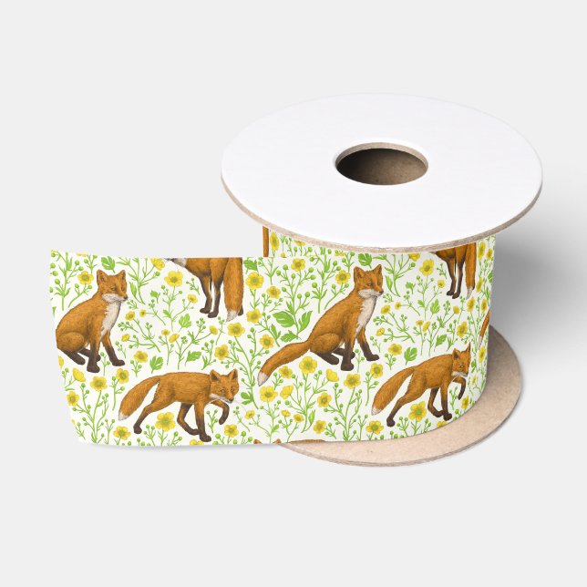 Ruban En Satin Renards et papillons sur le blanc naturel (Bobine)