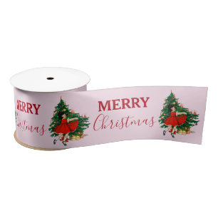 Ruban En Satin Retro Joyeux Noël Fille Noël Arbre rose