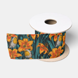 Ruban En Satin Robins et fleurs de lys, orange et bleu