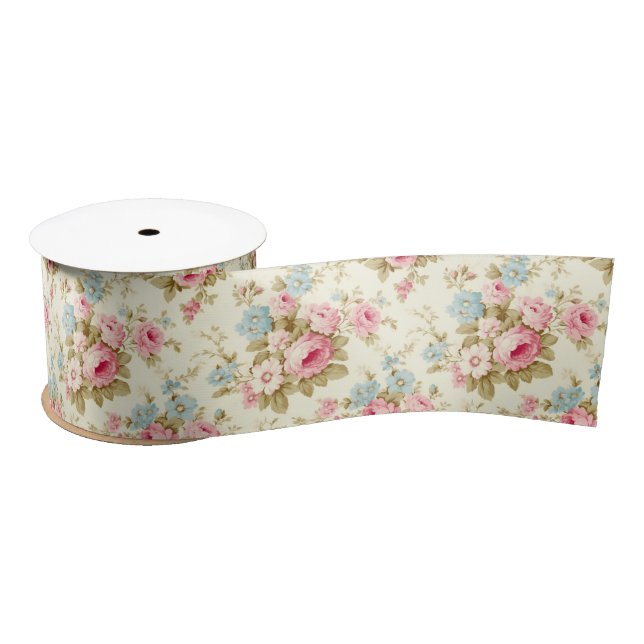 Ruban En Satin Romantique rose Rose anglais sur jaune pâle (Bobine)