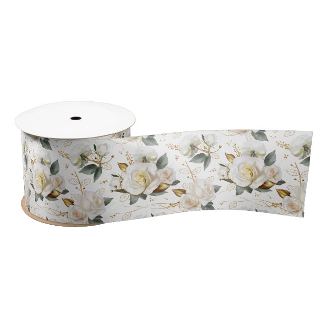 Ruban En Satin Rose blanche or romantique Floral (Bobine)