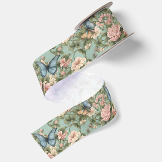 Ruban En Satin Rose et bleu floral papillon le plus doux