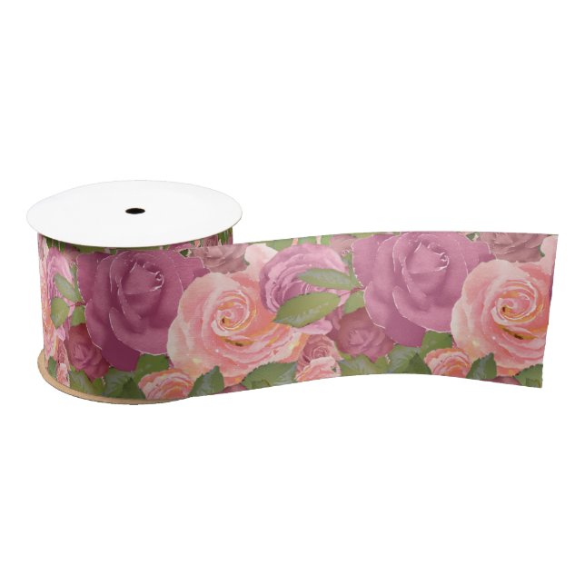 Ruban En Satin Rose pâle | Motif floral Rose d'aquarelle mauve (Bobine)