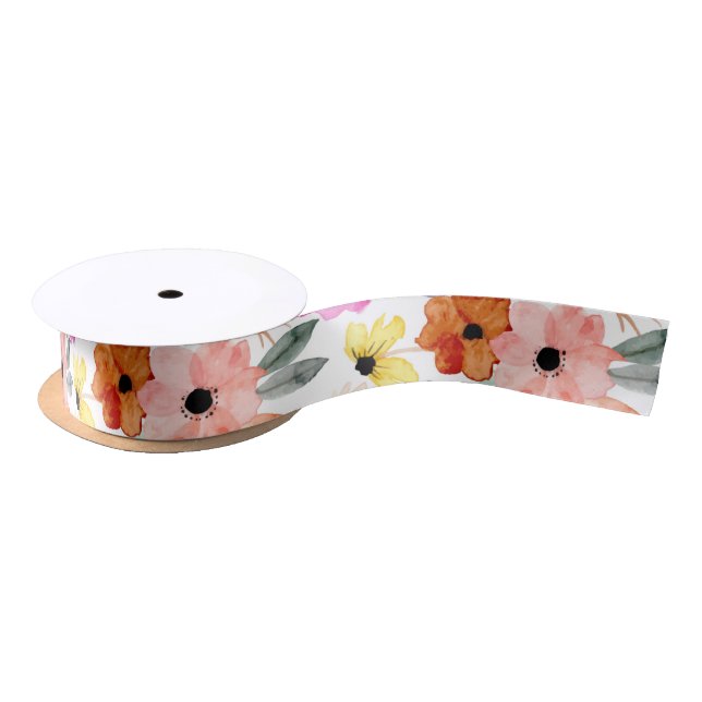 Ruban En Satin Rose, Rouge, Fleurs Florales Jaunes Aquarelle (Bobine)