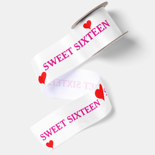 Ruban En Satin Rose Sweet Sixteen Cœurs Rouges 3"