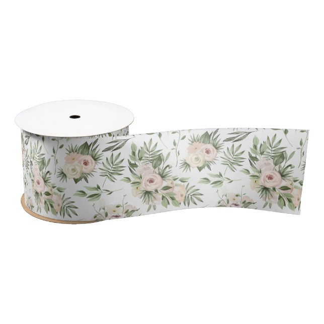 Ruban En Satin Roses blanches et satin de verdure (Bobine)