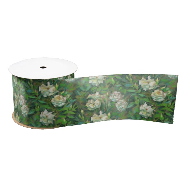 Ruban En Satin "Roses blanches, feuilles verts", motif botanique (Bobine)