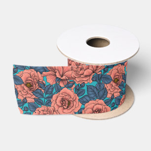 Ruban En Satin Roses roses avec feuilles bleus sur bleu
