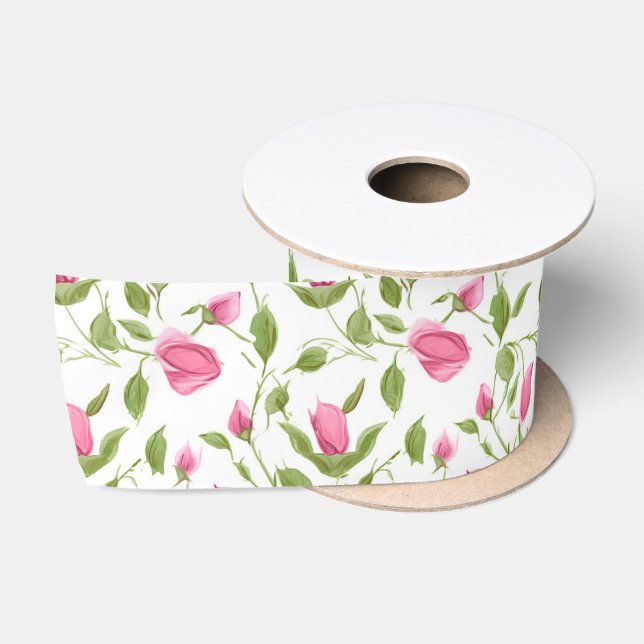 Ruban En Satin Roses roses sur blanc (Bobine)