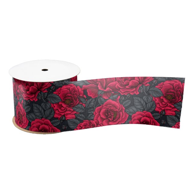 Ruban En Satin Roses rouges avec feuilles gris sur noir (Bobine)