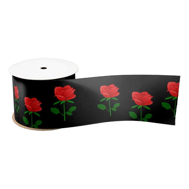 Ruban En Satin Roses rouges sur noir (Bobine)