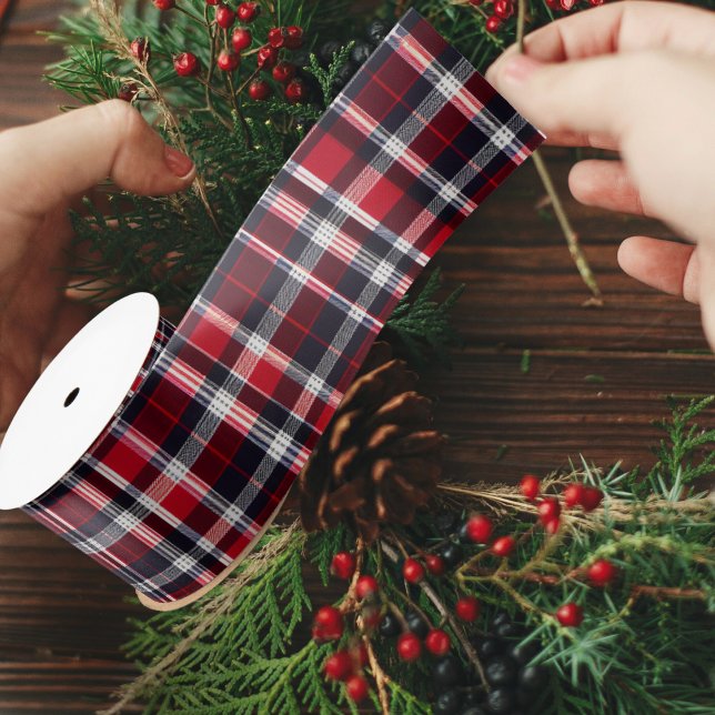 Ruban En Satin Rouge Bleu Tartan Plaid Motif Festive Noël (Tartan check patterned ribbon in red, charcoal and white, for gift wrapping and Christmas crafts)