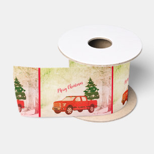 Ruban En Satin Rouge Camion Retro Vintage Joyeux Noël Ruban
