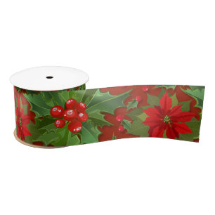 Ruban En Satin Rouge Poinsettia Holly Floral Noël