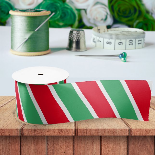Ruban En Satin Rouge vert et blanc Diagonal rayé Noël (red green and white striped Christmas ribbon)