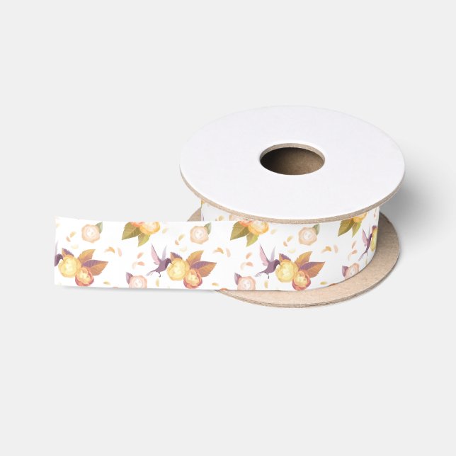 Ruban En Satin Ruban blanc de roses de n d'oiseaux (Bobine)