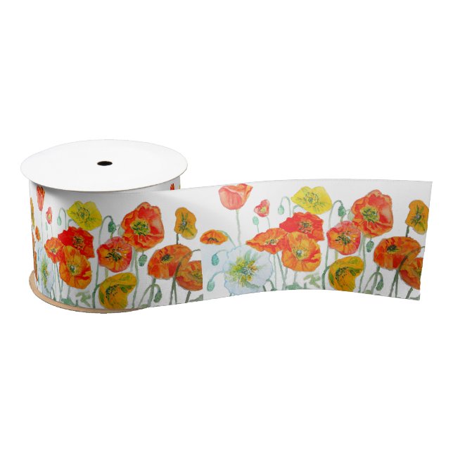 Ruban En Satin Ruban de fleur aquarelle coquelicot orange rouge (Bobine)