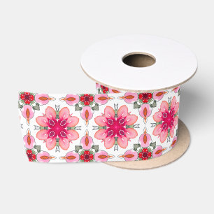 Ruban En Satin Ruban de Noël - Fleurs roses et baies rouges