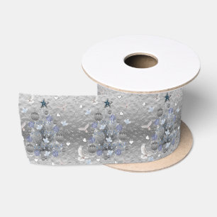 Ruban En Satin Ruban de Noël, Joyeux Noël bleu argent