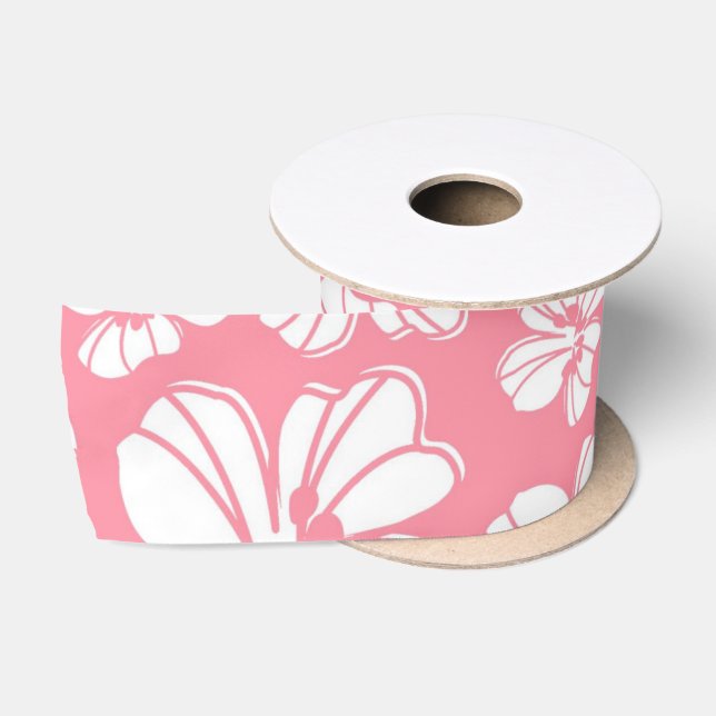Ruban En Satin Ruban floral hawaïen de rose et blanc grand (Bobine)