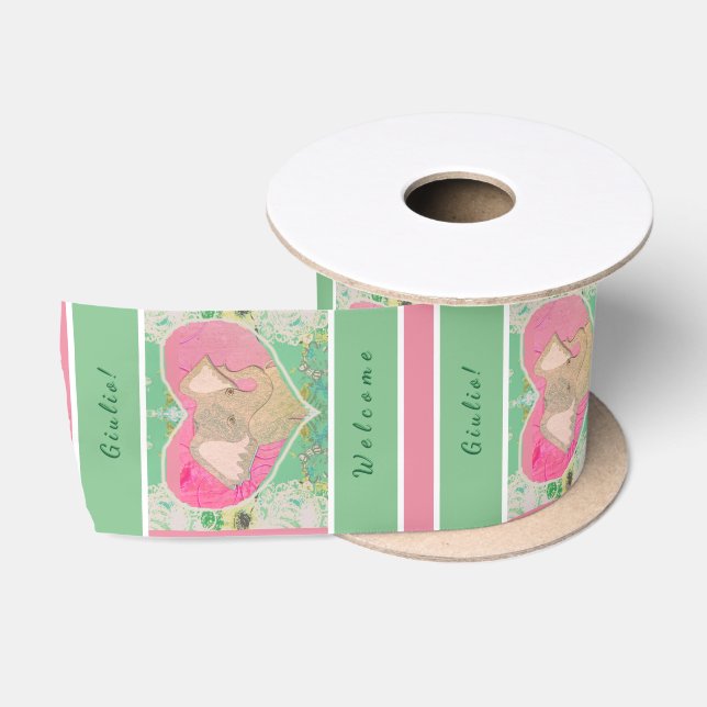 Ruban En Satin Ruban Nouveau bébé W/Elephant & Coeurs (Bobine)