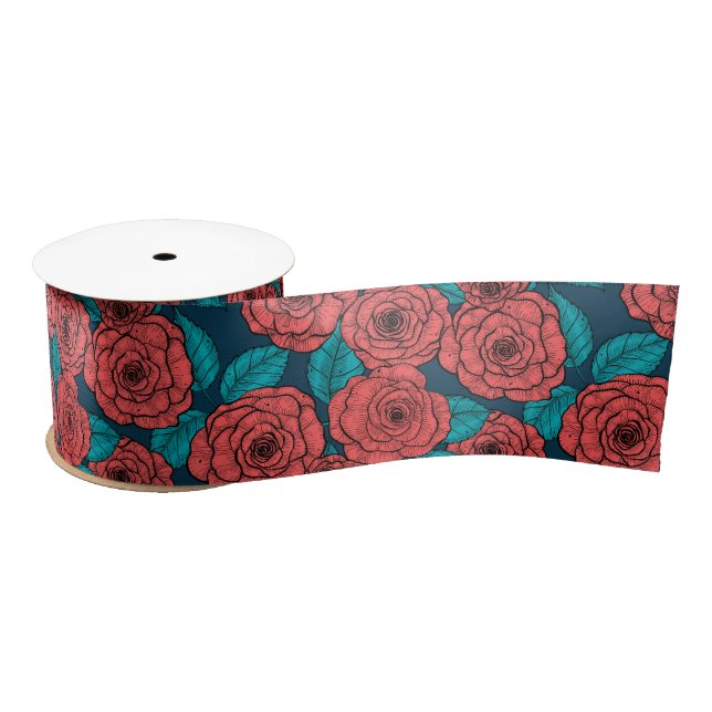 Ruban En Satin Ruban satiné aux roses rouges (Bobine)