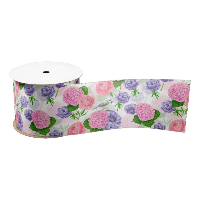 Ruban En Satin Ruban satiné Tit oiseau et fleurs (Bobine)