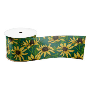 Ruban En Satin Rudbekia jaune sur vert foncé
