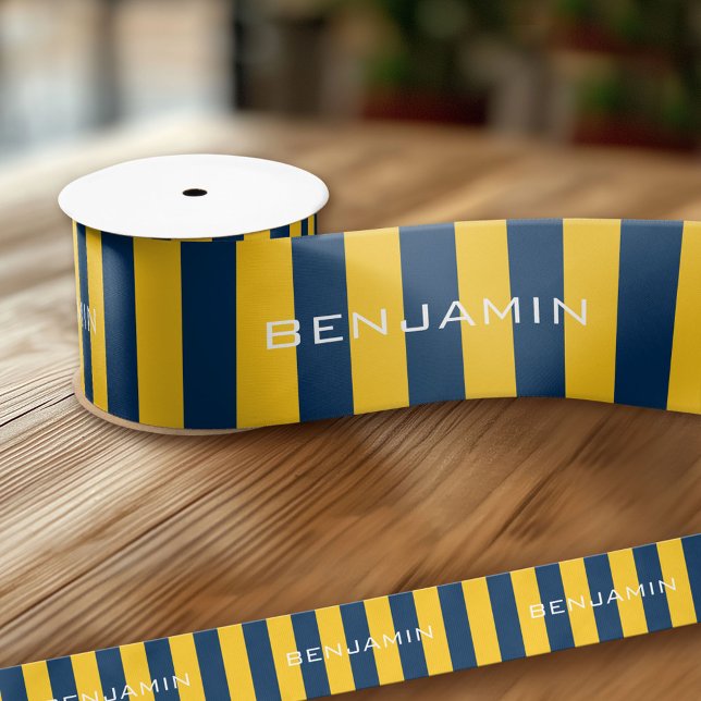 Ruban En Satin Rugby bleu marine et jaune Nom personnalisé (Custom Ribbon - Add Your Own Text)