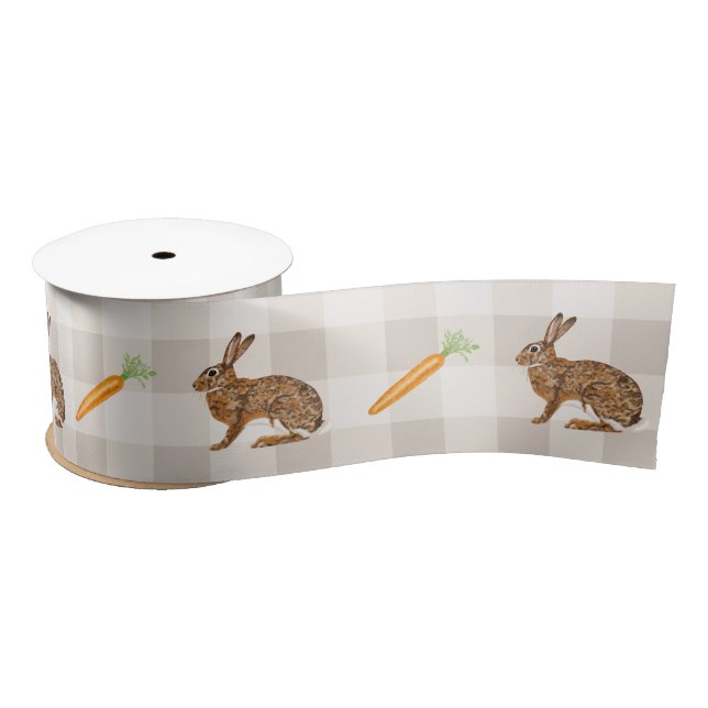 Ruban En Satin Rustic Hares And Carrots Beige Gingham Spring (Bobine)