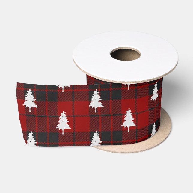 Ruban En Satin Rustique Rouge Noir Plaid Motif Arbre de Noël (Bobine)