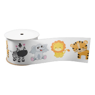 Ruban En Satin Safari Animaux Sauvages En Blanc