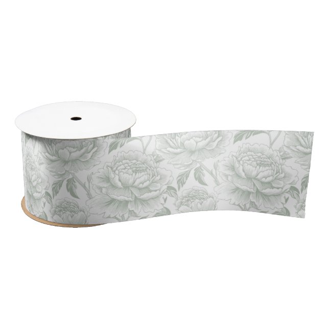 Ruban En Satin Sage Green Chinoiserie Peonies (Bobine)
