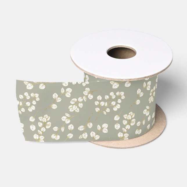 Ruban En Satin Sage Green Faux Gold verdure Eucalyptus Feuilles (Bobine)