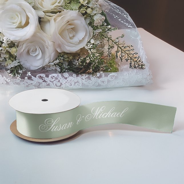 Ruban En Satin Sage Green Mariage Élégant Script Calligraphie (Créateur téléchargé)