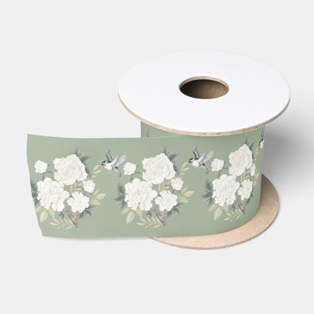 Ruban En Satin Sage Vert Blanc Chinoiserie Porcelaine Floral Bird (Bobine)
