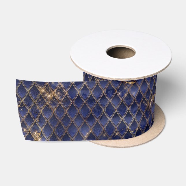 Ruban En Satin Scales de dragons bleu marine et or (Bobine)