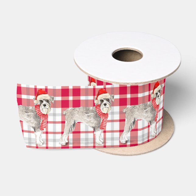 Ruban En Satin Schnauzer Chien et Red Plaid Noël (Bobine)