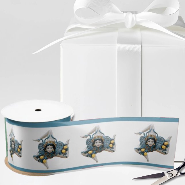 Ruban En Satin Sicilian Trinacria Blue Border White (Sicilian Trinacria Ribbon with blue border on white ribbon for Sicily heritage gifts)
