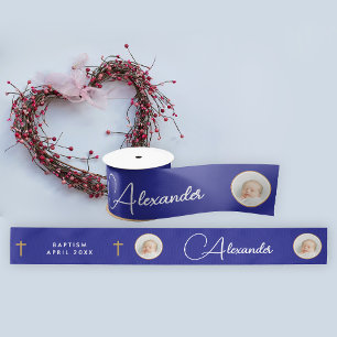 Ruban En Satin Simple Elegant Blue Gold Cross Photo Name Script