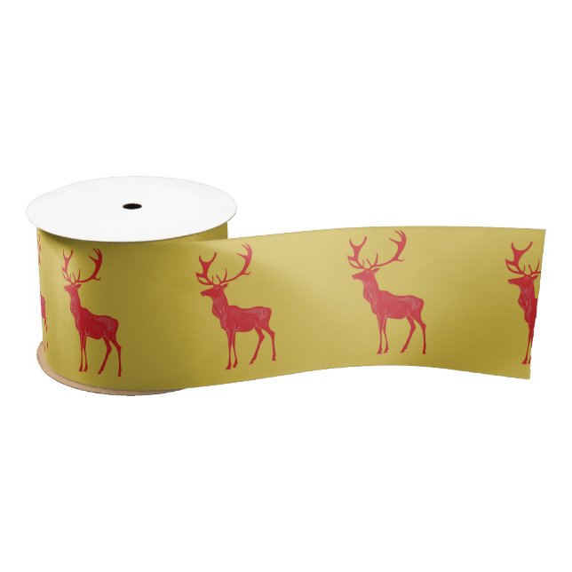 Ruban En Satin Simple Gold Red Reindees Noël Motif Noël (Bobine)