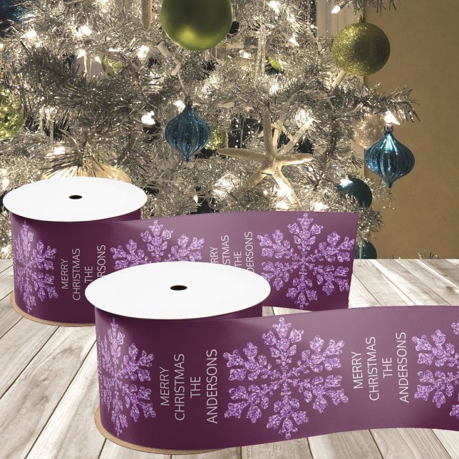 Ruban En Satin Snowflake Plum Bling Élégant Noël tendance (Add your name to this personalized dark purple Christmas ribbon with faux glitter purple snowflakes)