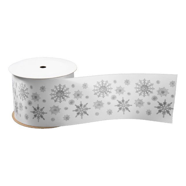 Ruban En Satin Snowflakes Motif En Gris Argent (Bobine)
