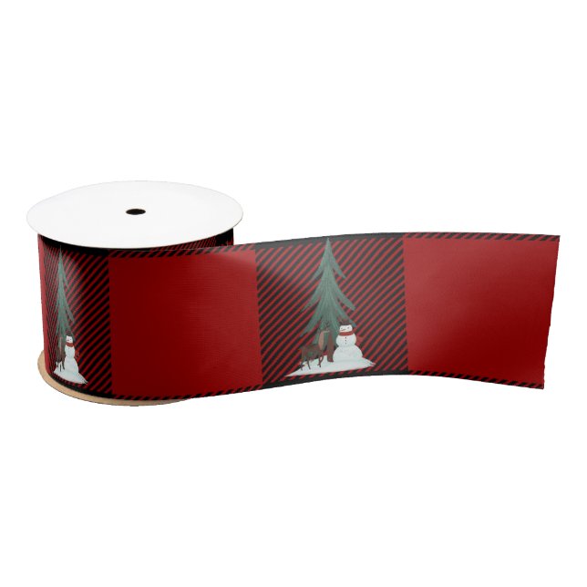 Ruban En Satin Snowman et cerf sur ruban satiné plaid (Bobine)